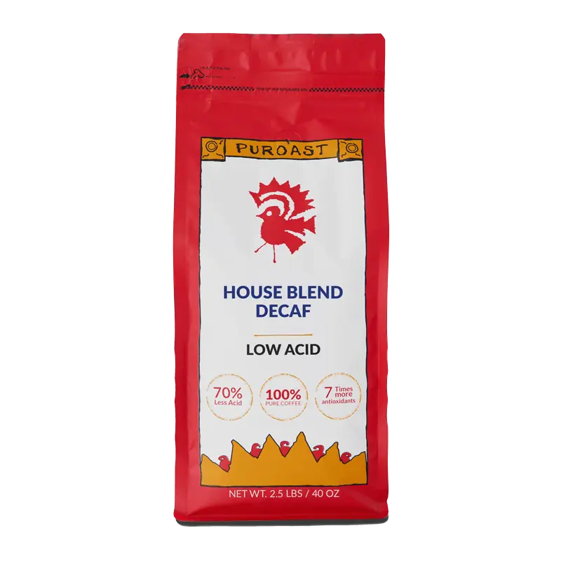 Puroast House Blend Decaf Low Acid Coffee - Rich Flavor Without Caffeine for Sensitive Drinkers - 2.5 lbs/40 oz