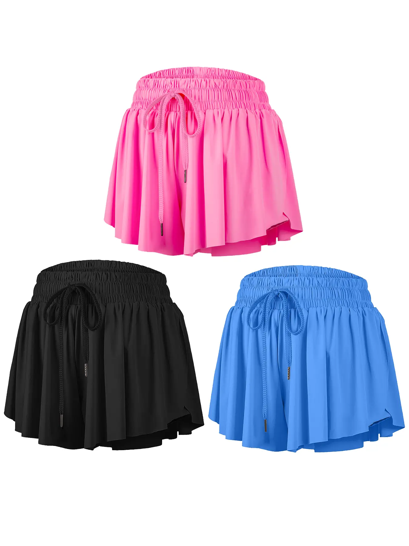 3 Pack Women's Flowy 2-in-1 Drawstring Athletic Sports Shorts with Pockets Tennis Skort Causal Spandex Workout Shorts for Summer Running Gym Wear