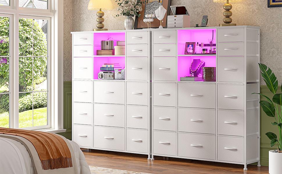 Raybee Furniture 51" H Dresser with 15 Drawers Dresser for Bedroom, with Charging Station & LED Lights & Hutch Sturdy, Steel Frame, Wood Top