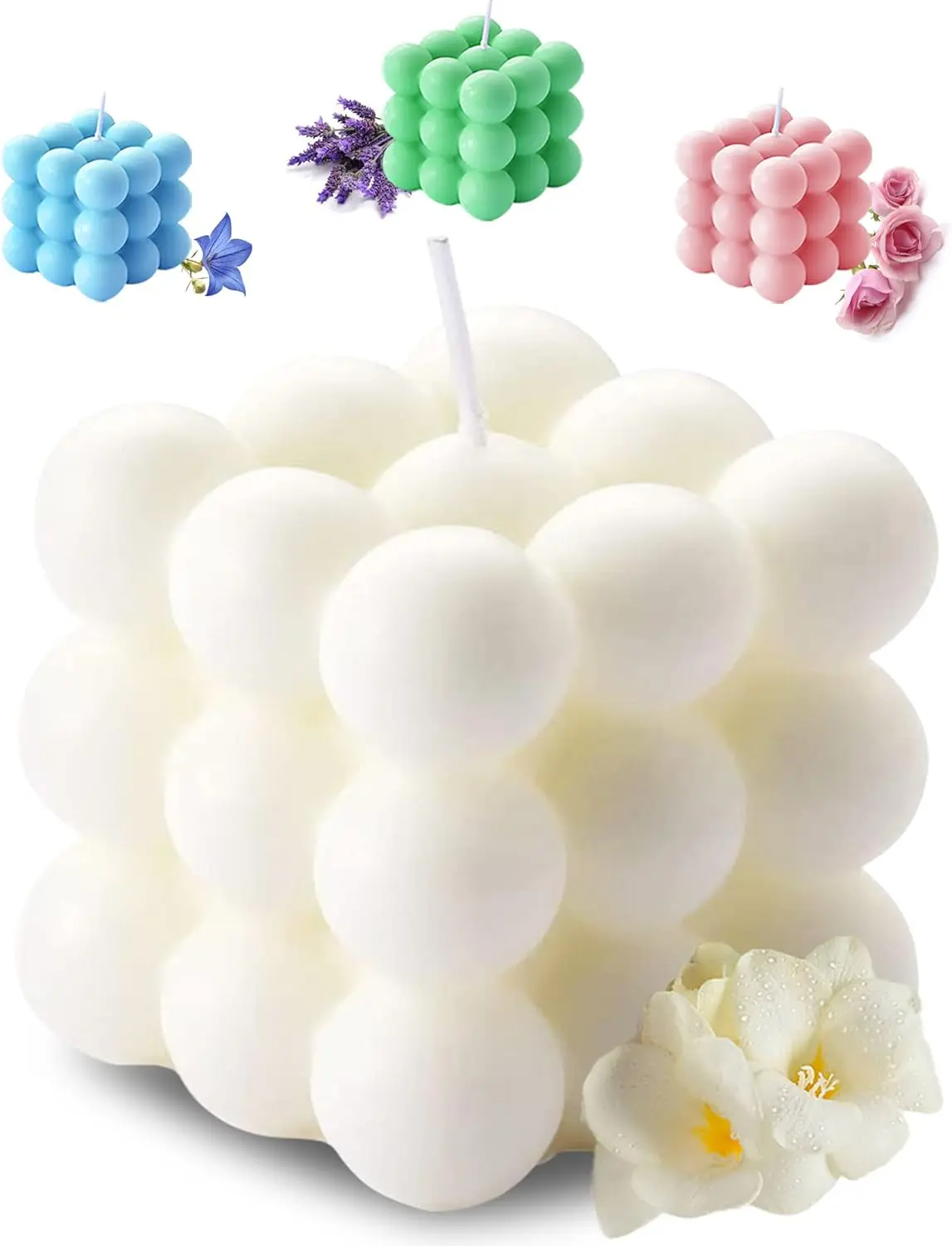 Scented Bubble Cube Candles for Home, Scented, 5.4 oz Soy Wax Aromatherapy Candle, Aesthetic Room Decor Cute Danish Pastel Large Decorative Shaped Candles Gifts - Freesia(White)