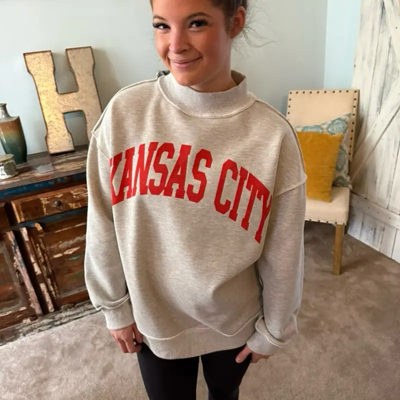 KC Kansas City Mock Neck lite grey Sweatshirt. Soft and 60/40 cotton poly blend