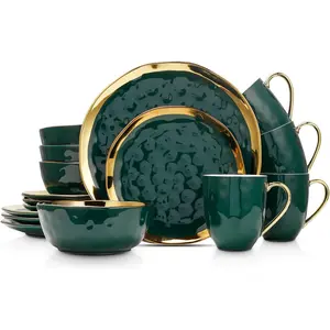 Stone Lain Florian Modern Porcelain 16 Piece Dinnerware Set, Plates and Bowls Set, Dish Set for 4, Green and Golden Rim Stone Lain