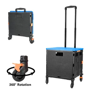 SELORSS NEW BY06S Foldable Utility Cart, Folding Portable Rolling Crate Handcart with Durable Heavy Duty Plastic Telescoping Handle Collapsible 4 Rotate Wheels for Travel Shopping Moving Luggage Office Use（Black+Blue）