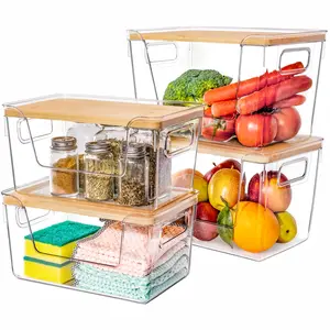 Criusia High-Quality Plastic Food Storage Container with Wooden Lid, Transparent Kitchen Storage Organization Solution for Produce, Containers for Fruits and Vegetables