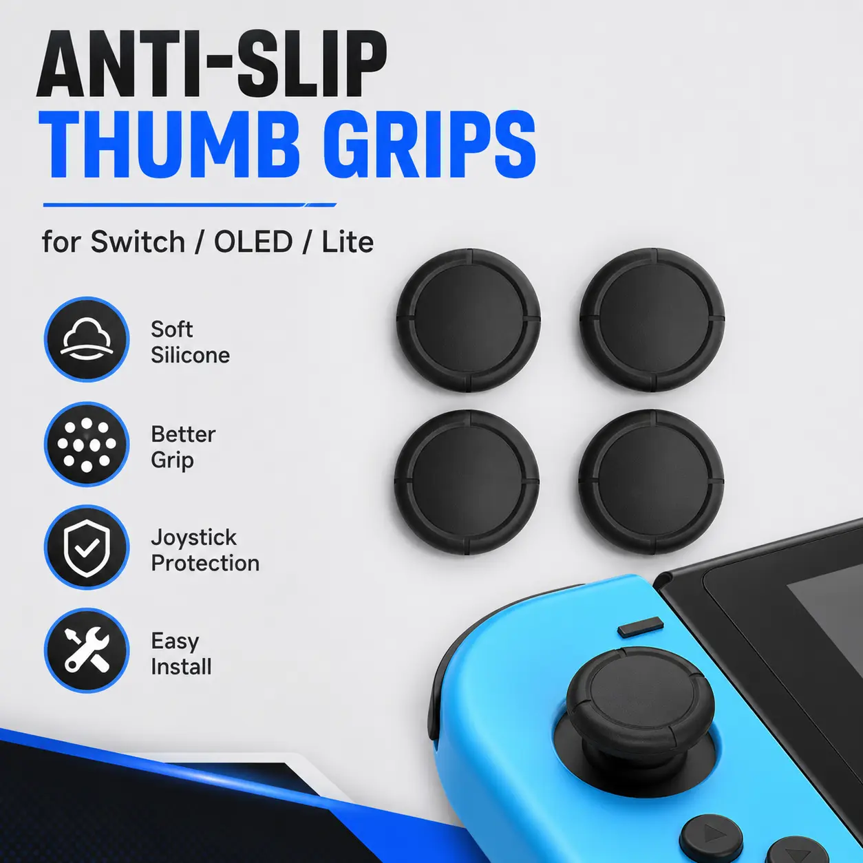 Nintendo Switch Silicone Joystick Thumbstick Grips - Console Controller Cover Caps, 8 x License Plate Screws, Easy Install Replacement Parts for Switch/Lite/OLED, Protective Decorative Gaming Accessories