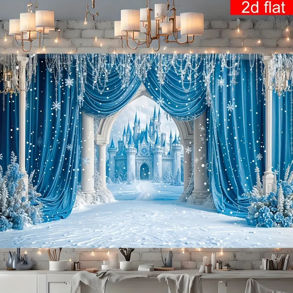 Magical Polyester Winter Wonderland Banner with Ice Castle Print - Festive Party Decorations, Blue Curtain Photography Backdrop for Christmas, Indoor Outdoor Use