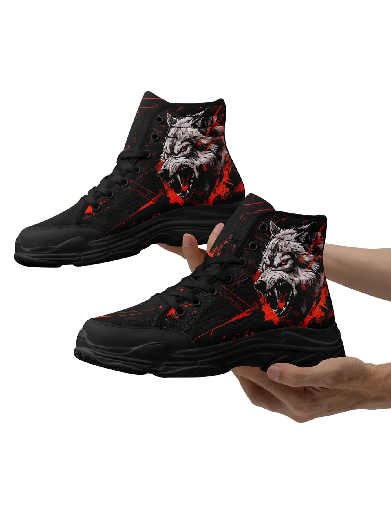 Men's Fierce Wolf Head Graphic High Top Athletic Sneakers,  Gothic Streetwear Skate Shoes, Sports Shoes, Plus Size Lightweight Breathable Casual Footwear