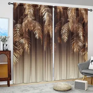 2 pieces, palm leaf print curtains, brown gradual change background, rod pocket design, suitable for home decoration in bedrooms, offices, kitchens, living rooms and study, rod pocket window treatment