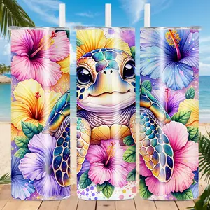Sea Turtle & Hibiscus - themed 20OZ Straight Tumbler with Straw | Cute & Vibrant Design | 304 Stainless Steel | Long - lasting Insulation | Ideal for Beach Lovers, Gifting & Daily Use | TikTok Hot Item