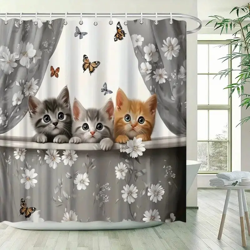 Three Cats Brain Christmas Butterfly White Flower Shower Curtain, perfect for bathroom decoration, partitions, beautification space, polyester durable material, easy to clean, machine washable, multiple sizes to choose from, shower curtain hook