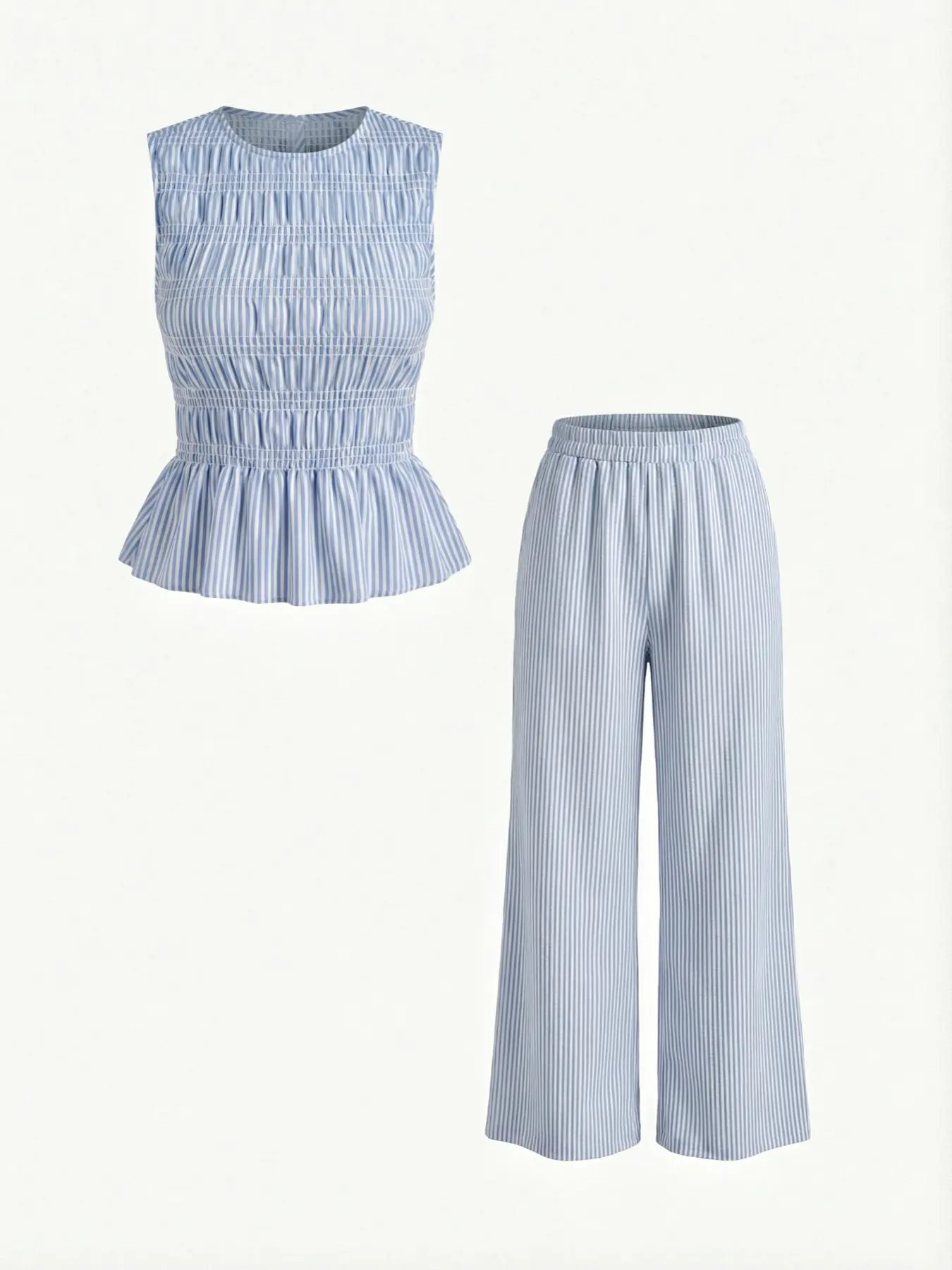 Spicy Coquette Blue & White Striped Smocked Peplum Fitted Sleeveless Tank Top & Wide Leg Pants Casual Vacation Two-Piece Set Vintage French Cottagecore Blue & White Striped Smocked Peplum Tank Top & Wide Leg Pants Beach Two-Piece Set Summer Outfit Set