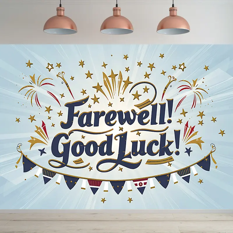 1pc Farewell & Retirement Party Banner - Polyester Photo Backdrop with "Farewell! Good Luck! " Text, Golden Stars & Fireworks Design - Vibrant Mixed Colors for Home, Room, Wall Decor - Seasonal Party Suppl