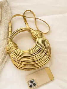 Women's Handmade Woven Crossbody Bag, Creative Cloud Shaped Dumpling Design, Metallic Gold Round Handle, Retro Underarm Clutch, Versatile for Shopping, Commute and Party