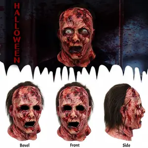 Horror mask, spooky and bloody Halloween costume party props, hand-painted 3D wounds and bloodstains, dark implanted hair, full head and neck coverage, suitable for Halloween haunted houses and escape rooms, short video shooting, one size fits adults