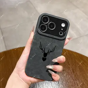 Luxurious faux leather phone case with deer head pattern, compatible with iPhone 17, 16, 15, 14, 13, 12, 11, X, 7, and 8.  Features a comfortable touch and provides protective coverage 995