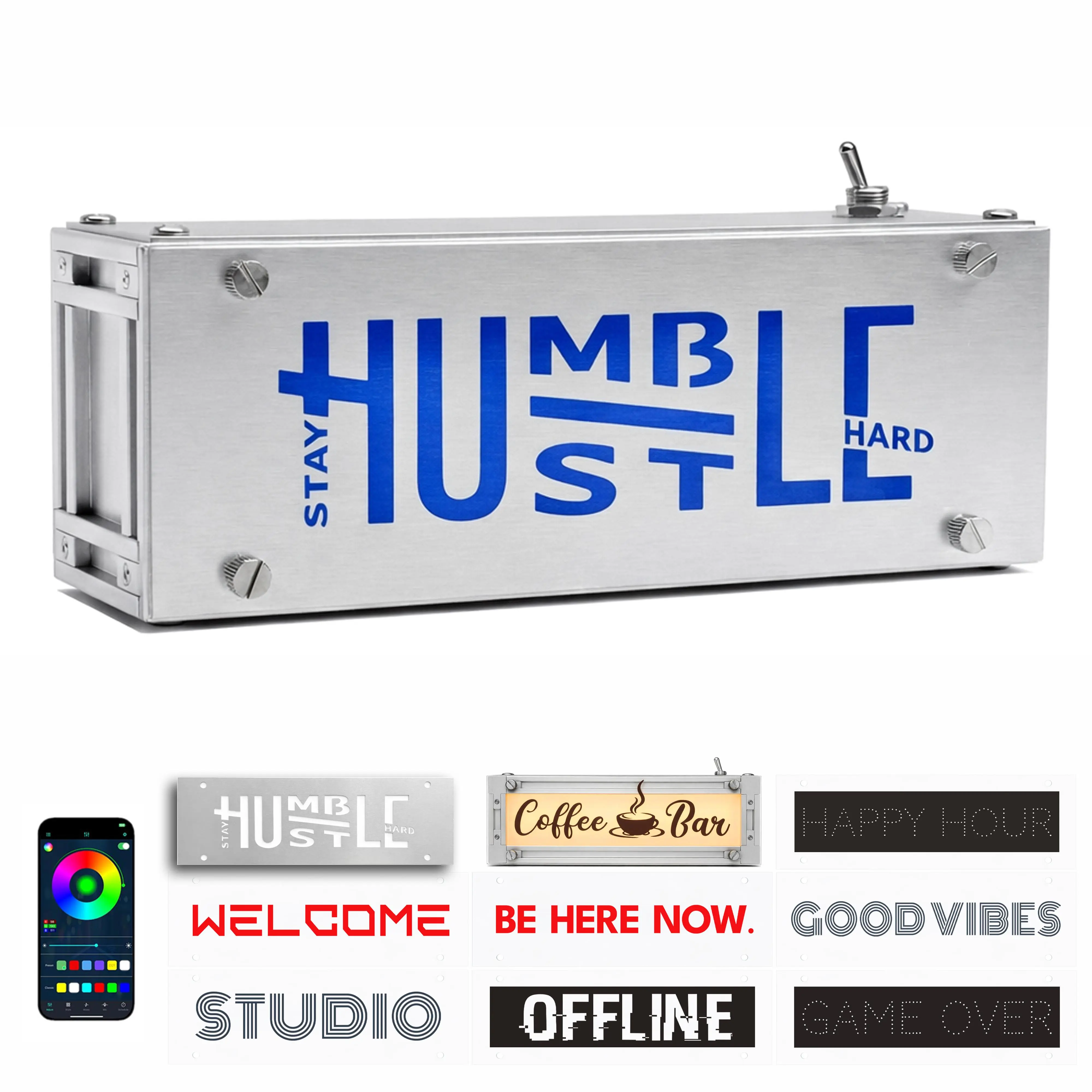 Rechargeable LED Light Box Sign, App-Controlled Cordless Aluminum Lightbox for Desk, Studio & Coffee Bar Decor, Modern Industrial Style, 9 Interchangeable Panels, Color & Brightness Adjustable, Battery Powered Led, Color Changing Led