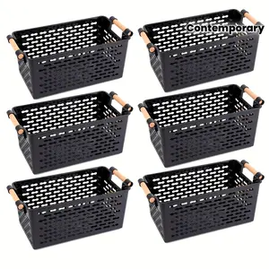 Storage Stackable Durable Plastic Baskets with Handles Set of 6 Open Top Ventilation Holes for Home Office Closet Bathroom Organization