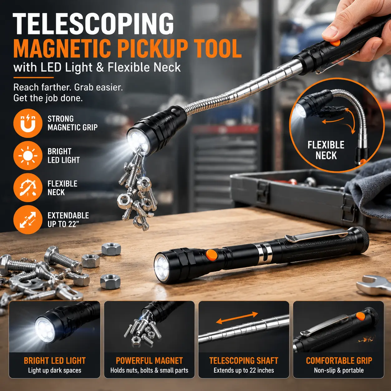 Telescoping Magnetic Pickup Tool with LED Flashlight, 22-Inch Extendable Magnetic Grabber with Flexible Neck, Bright Light for Finding & Retrieving Lost Nuts, Bolts, Screws and Small Metal Parts, Portable Tool for Auto Repair, Garage, Workshop, DIY & Home