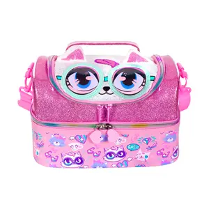 Double Decker Insulated Lunch Bag Tote - 27x18x18cm with Adjustable Strap, 3D Cat Design, Waterproof PU Material, Ideal for Picnic, Party & Travel Zipper Colorful