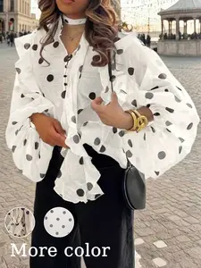 Women's French Polka Dot Bow Collar Lantern Sleeve Loose Ruffle Long Sleeve Lightweight Mesh Chiffon Shirt Blouse, Buttoned Design, Spring & Fall Fashion