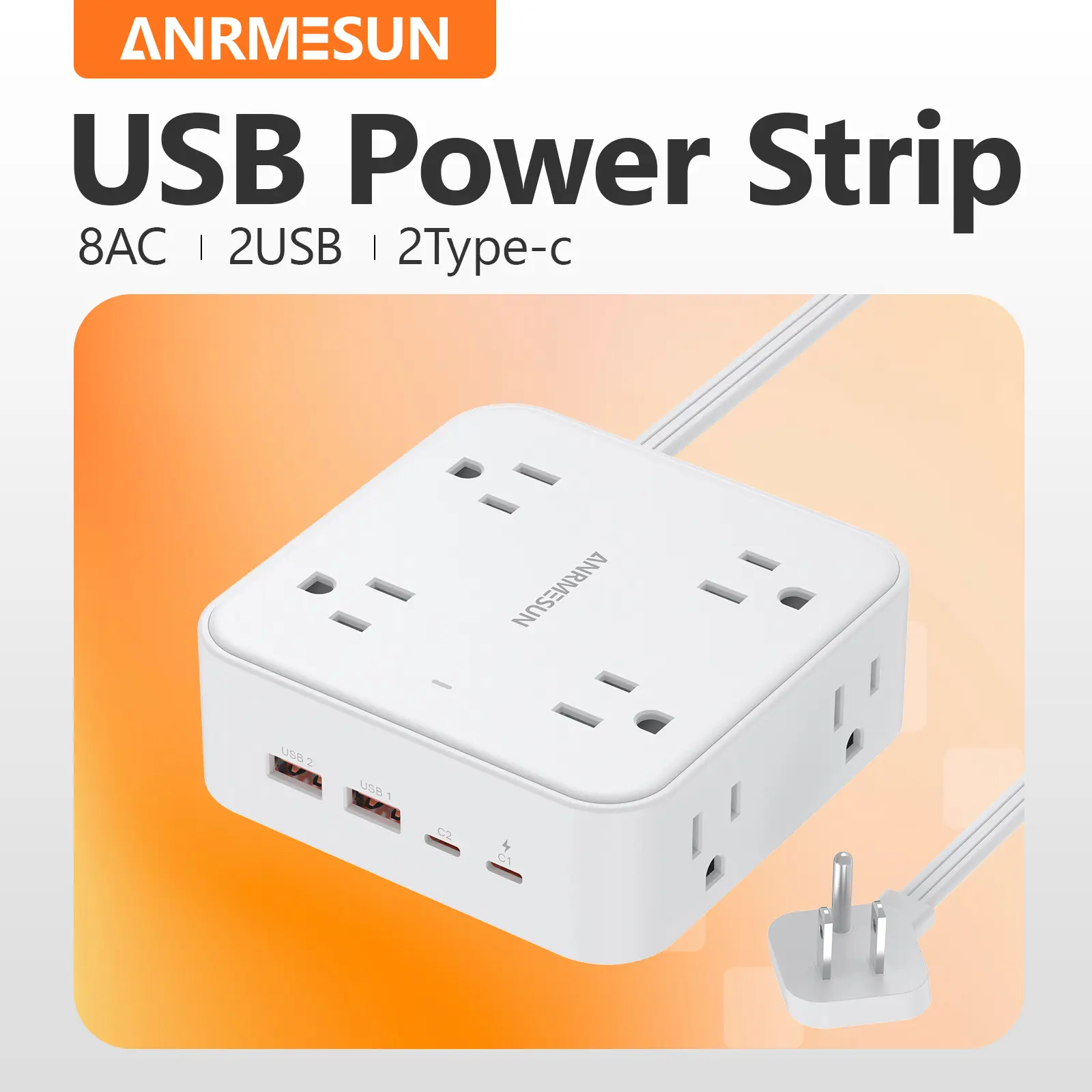 ANRMESUN 8-Outlet Power Strip Surge Protector with USB-C Fast Charging, Flat Plug Extension Cord Wall Mount Outlet Extender, Multi-Device Charging Hub with Overload Protection for Home Office Dorm Room Travel