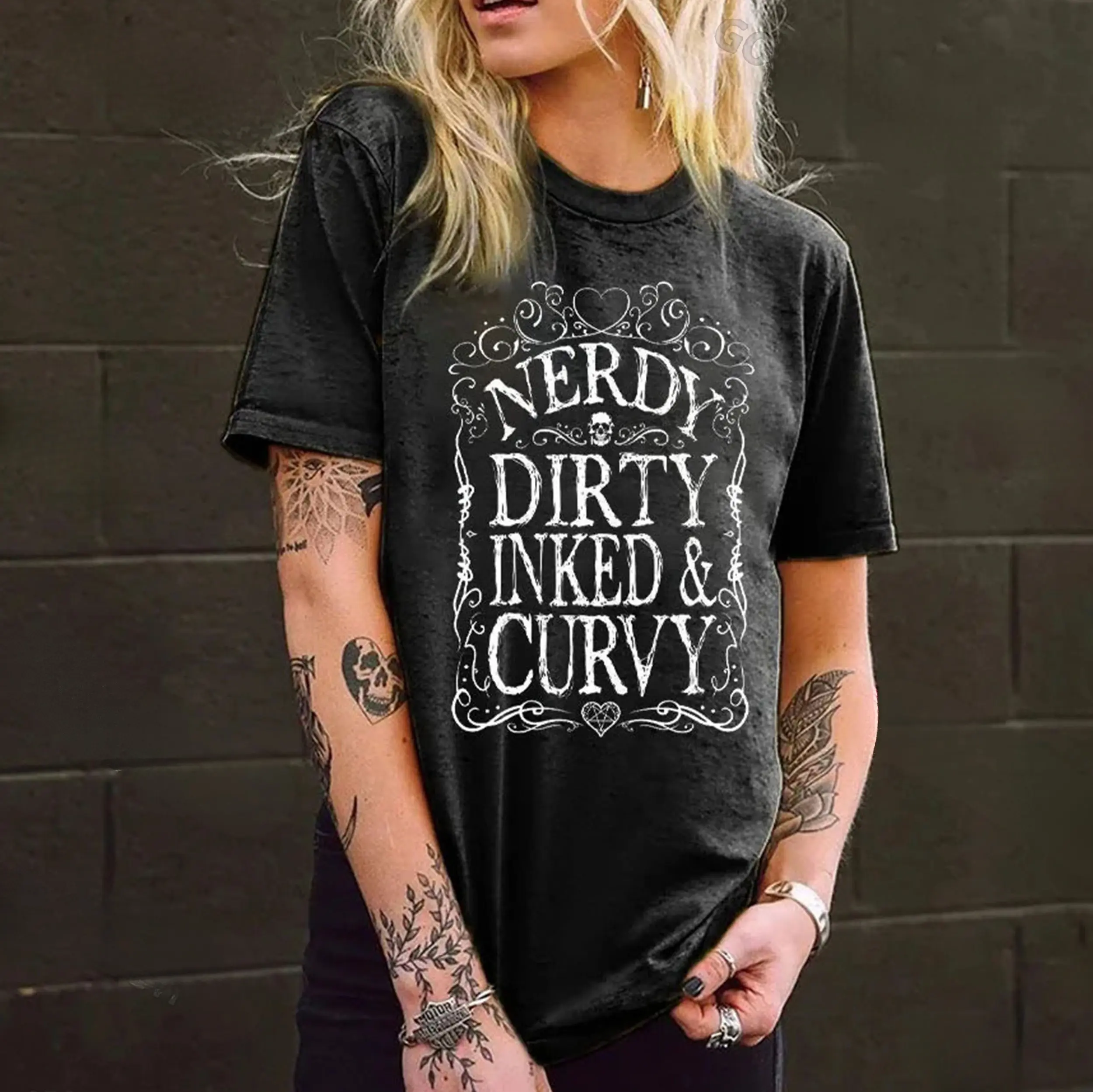 Gildan Women's "Nerdy Dirty Inked & Curvy" Graphic Tee, Classic Fit 100% Cotton Shortsleeve Streetwear for Outdoors, Valentines Day & Easter, Childrens Day, All Seasons, Biker, Graphic Print, Casual Street, Basic, Lace Detail, Fitted, Tops, Tshirt, Thanks