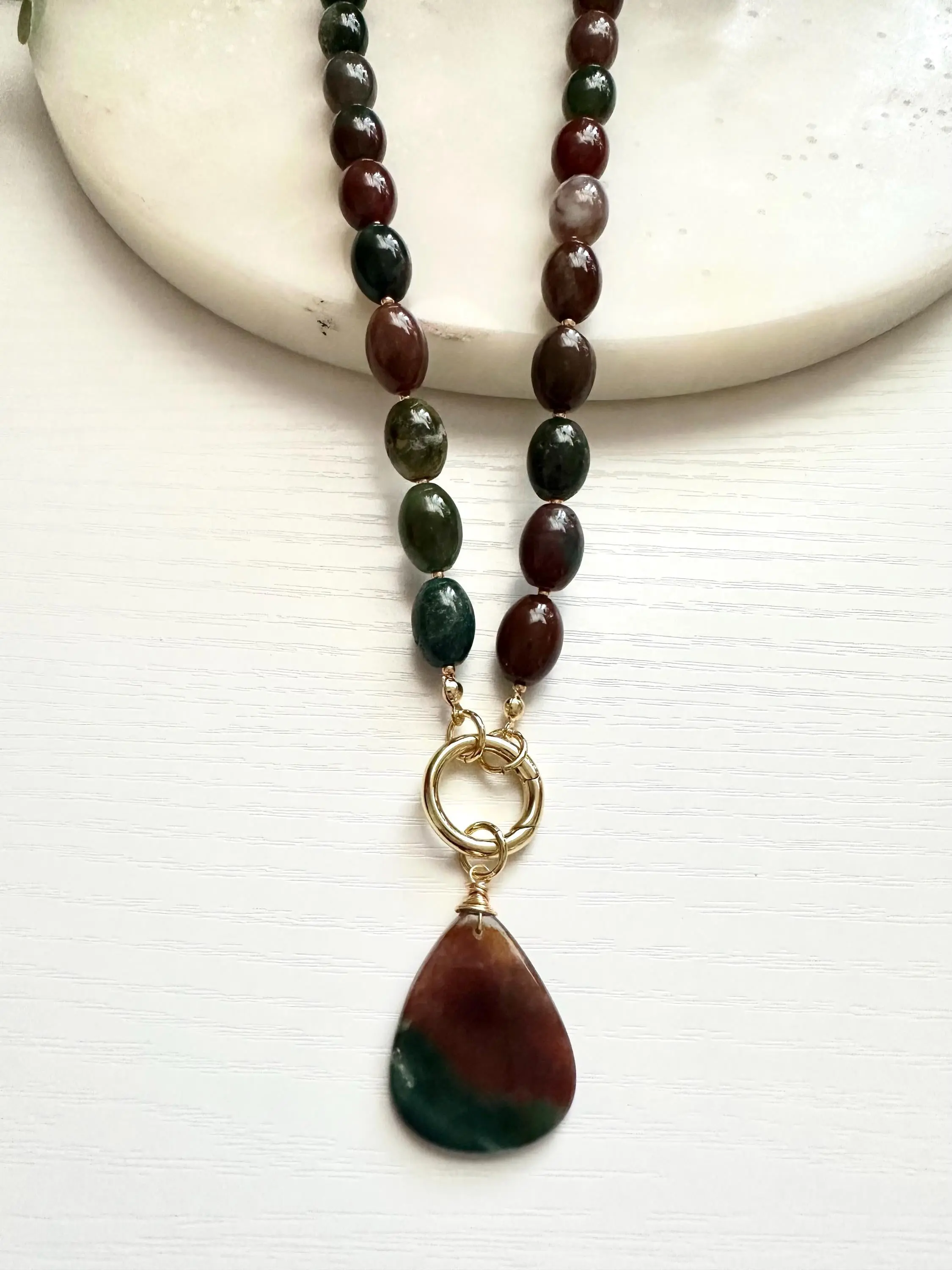 Indian Agate Necklace with Moss Agate Pendant | Gold Filled Carabiner Gemstone Necklace