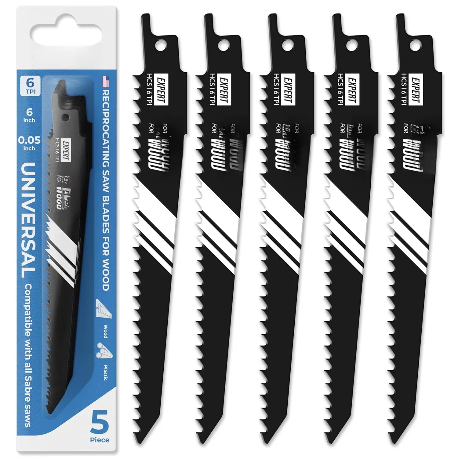 EoWerk - Reciprocating   for  - 5 count - High Carbon Steel (HCS) Sabre Sawblades for  & Plastic  - Superior Strength, Wear Resistance & Durability - 6 TPI ( per Inch)