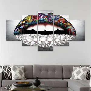 5 Counts Unframed Canvas Poster, Tattoo Lips With Diamonds Poster, Exquisite Poster, Perfect Living Room Decoration, Modern Art, Fashion Family Poster, Wall Art Decoration, Odorless, Waterproof, Artwork