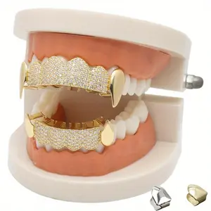 Hip-Hop Vampire Fang Braces Set, 4pcs (Golden Upper & Lower Teeth + 2pcs Dental Ornaments) - Unisex Halloween Party Costume Accessory, 4Pcs (Golden Upper And Lower Teeth + 2Pcs Dental O