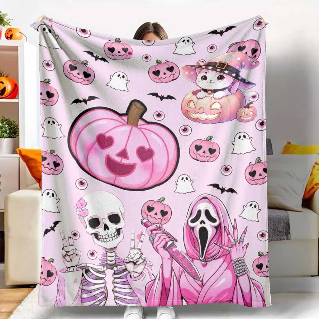 Pink Halloween Flannel Blanket, Cute Theme Decorative Accent Blanket with Pumpkin, Ghost, Cat, Witch & Skeleton Patterns, Wrinkle Resistant Multi-Size (60*80inch Large Size for Adults) Soft Plush Throw for Sofa, Bedroom Holiday Party Gift