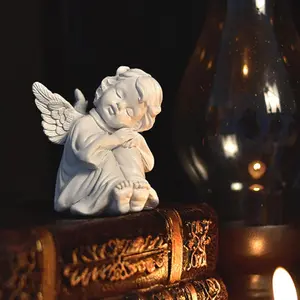 Little Angel Statue Figurine, Resin Cherub Statue Sleeping Angle Sculpture, Remembrance Healing Sympathy Gift for Memorial, Shelf Home Living Room Desktop Office Decoration - White