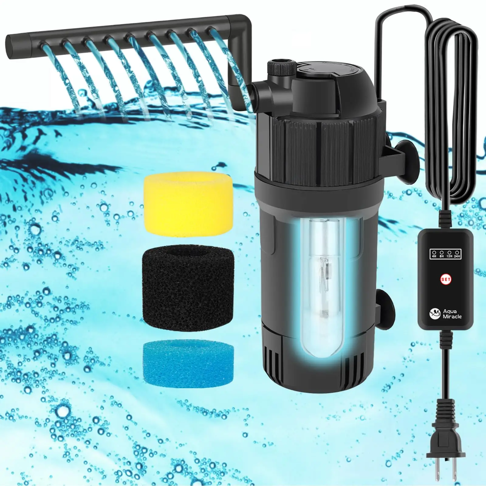 AquaMiracle Aquarium Filter for Green Water, U-V Fish Tank Filter Pump with Timer (4/8/12/24 Hrs), Dual Mode (Aeration/Rainfall) Fish Filter, Flow Rat