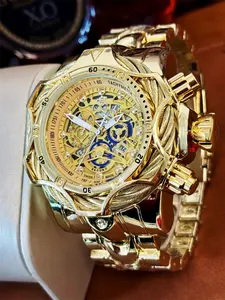 Men's Stainless Steel Punk Style Oversized Street Trend Watch, Includes Elegant Gift Box, Perfect Holiday Gift for Him, Casual Golden Color Band