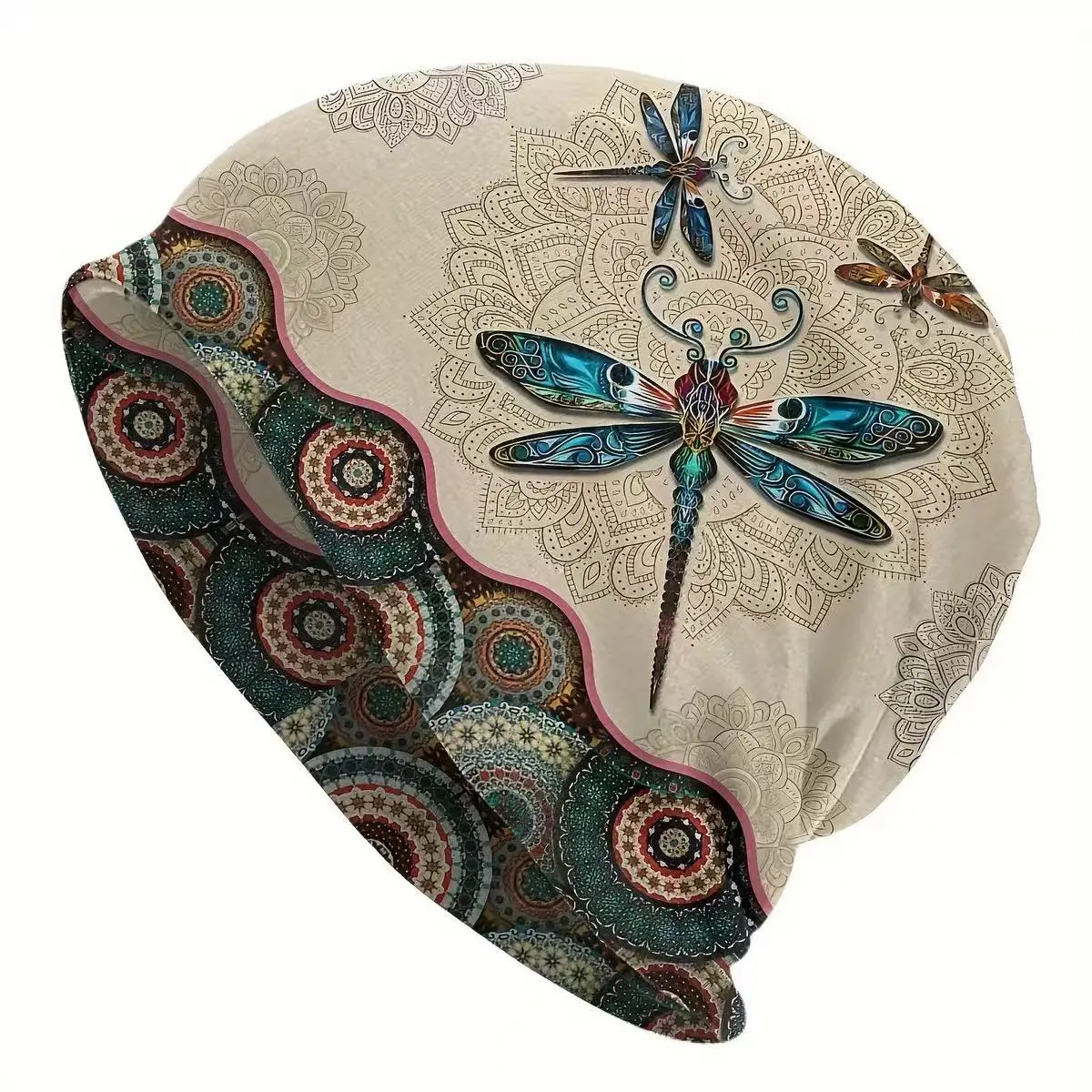 Women's Dragonfly Mandala Slouchy Beanie - Breathable Polyester Sports Hat, Soft Cozy Baggy Design - Women's Accessories, Hats for Outdoor Activities like Running, Hiking, Accessories For Women
