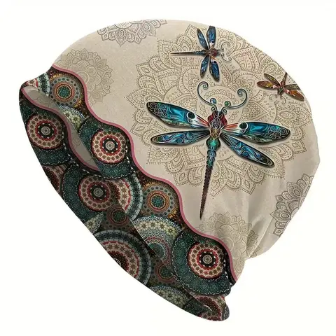 Women's Dragonfly Mandala Slouchy Beanie - Breathable Polyester Sports Hat, Soft Cozy Baggy Durable & Easy to Care for Cap, Ideal for Biking/Cycling/Outdoor Animals Viewing, Warm Non-Stuffy Fashion Accessory