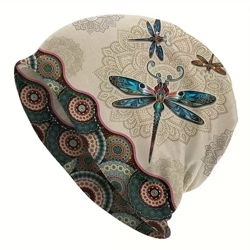 Women's Dragonfly Mandala Slouchy Beanie - Breathable Polyester Sports Hat, Soft Cozy Baggy Durable & Easy to Care for Cap, Ideal for Biking/Cycling/Outdoor Animals Viewing, Warm Non-Stuffy Fashion Accessory