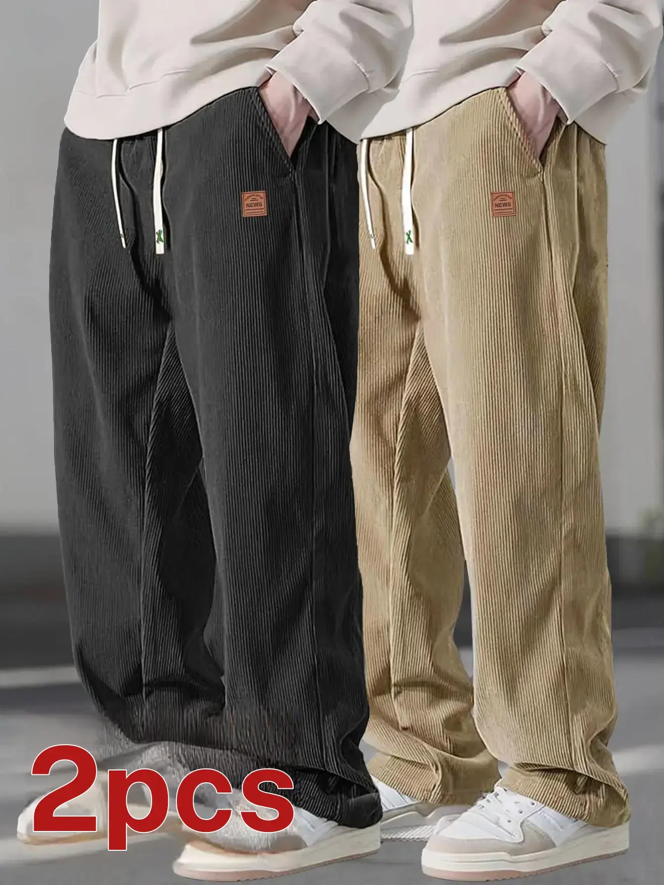 Two men's casual pants featuring a simple and versatile style with drawstring design, adding a casual feel. The pants have delicate small details, making them full of texture. The loose fit provides comfortable and relaxed wear, suitable for everyday outi