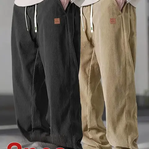 Men's Autumn Woven Corduroy Casual Pants (2 Pairs) - Plain, Heavyweight 100% Polyester Menswear, Loose Straight-Leg, Drawstring Waist for Custom Fit