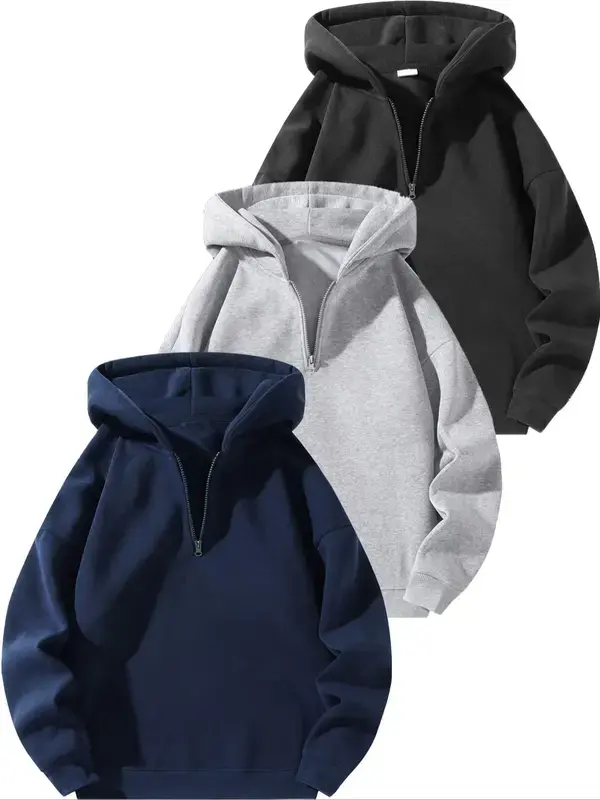 Men’s Stylish Fleece Solid Color Zipper-Up Hoodie - Casual Loose-Fit Long-Sleeve Pullover Hooded Sweatshirt, Fashion Menswear Top for Everyday Wear, All-Season Use