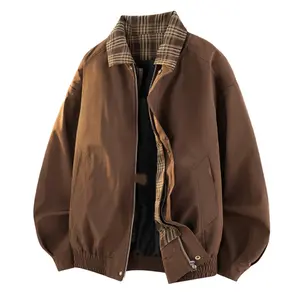Men's Spring And Autumn Vintage Plaid Fake Two-Piece Brown Jacket, Workwear Lapel Coat, Spliced Flight Baseball Uniform, Suitable For Men's Daily And Outdoor Wear, Men's Lapel Collar Sleeveless Sports Long Sleeve Jacket