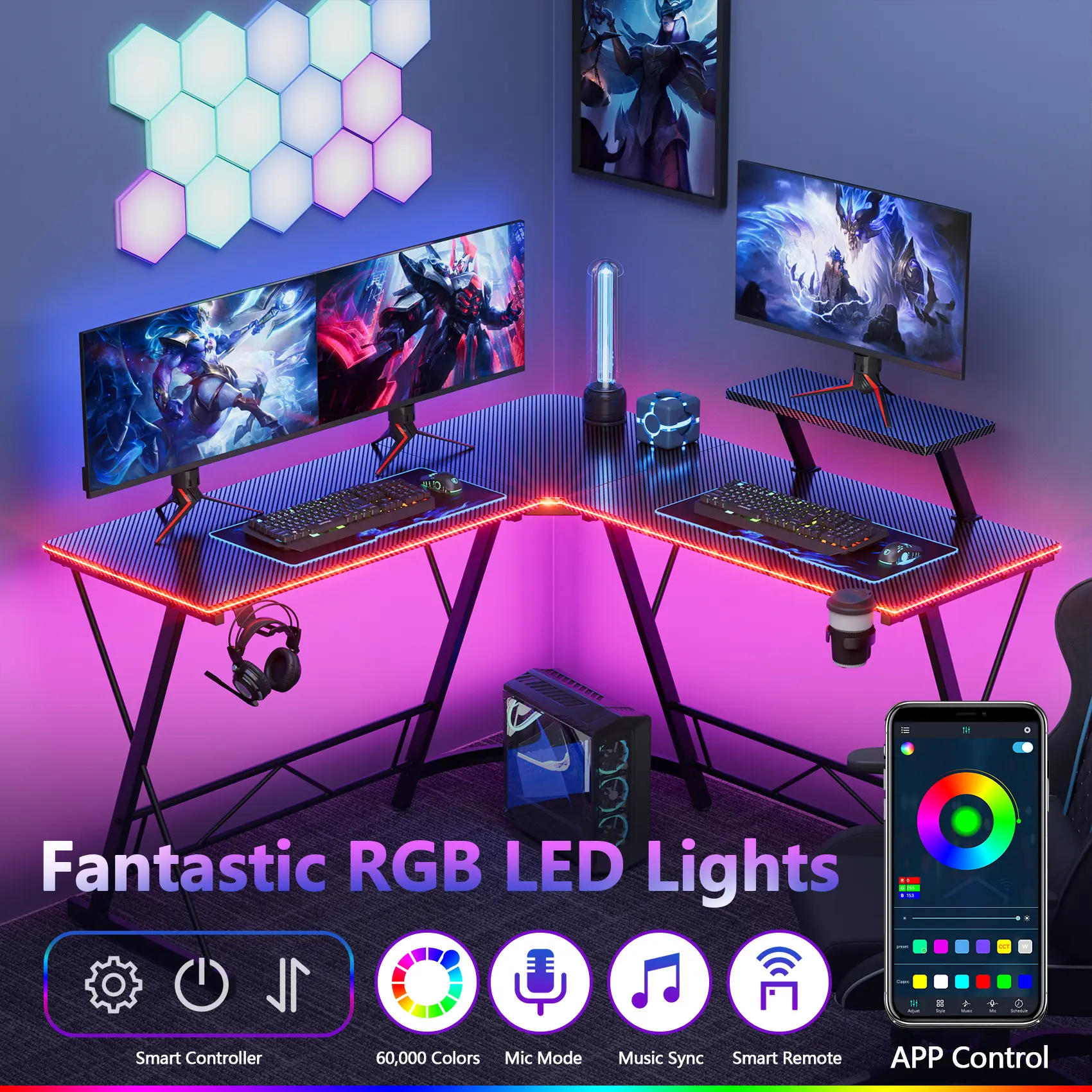 Mr IRONSTONE Gaming Desk with Led Lights, L Shaped Gaming Desk Corner Computer Deskcomputer Desk with Carbon Fiber Surface, Easy to Assemble, 51 inch