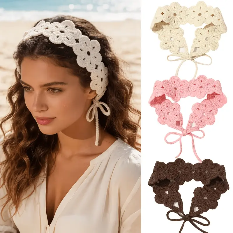 Unisex 2-Piece Plain Soft Handmade Adjustable Headbands - Floral Crochet Flower Hair Accessories with Boho Vibe for Boho Outfits, Adjustable Headband, Handmade Headband