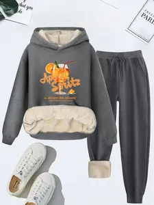 Two-piece Set Women's Letter Print Thermal Lined Hoodie & Drawstring Waist Sweatpants, Casual Long Sleeve Hooded Sweatshirt & Pocket Jogger Pants, Women's Fall & Winter Clothes