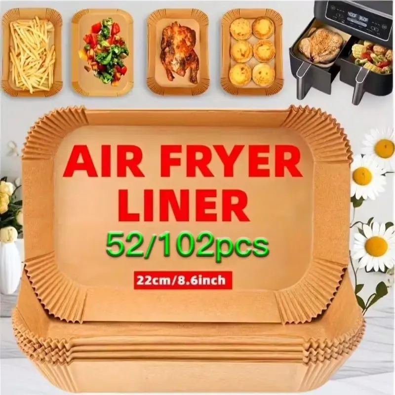 Pre-cut air fryer liners, 22x14 cm. Fit dual-basket fryers, heat-resistant, disposable. Bulk pack for home/commercial use. Easy-clean, durable Bakeware accessory, Baking Accessories, Baking Supplies