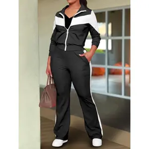 Women’s Spring/Autumn Two-Piece Set – Fashionable Sports-Style Zip-Up Jacket with Contrasting Stitching and Casual Pants