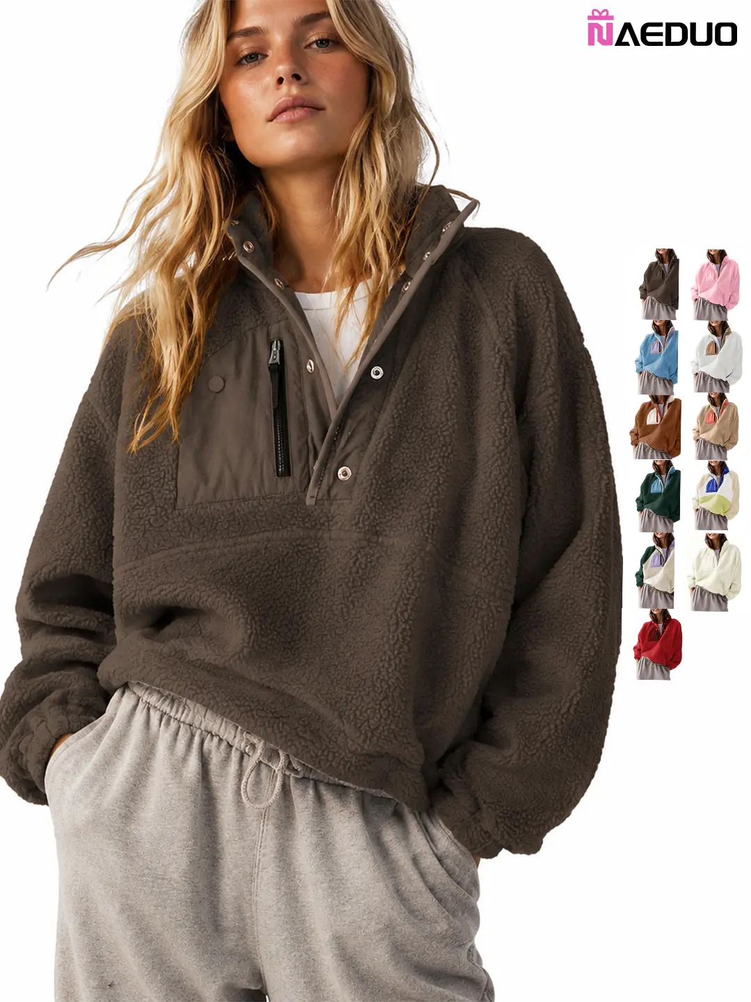 Naeduo Women's Lightweight Colorblock Fleece Jacket, Cropped Sherpa Pullover Fashion Apparel with Pockets, Soft Fleece Feels Gentle, Casual, Long Sleeve, Colorblock Pattern, Layering Ready