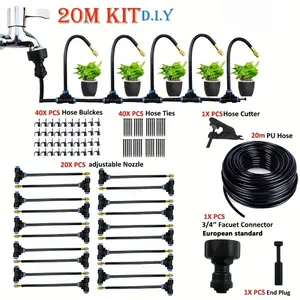 20m Micro Drip Irrigation Kit with Adjustable 7.87" Brass Mist Nozzle - Automatic Watering System for Efficient Balcony & Greenhouse Gardening, Euro-American Standard, No Electricity Required, Automatic Plants Watering