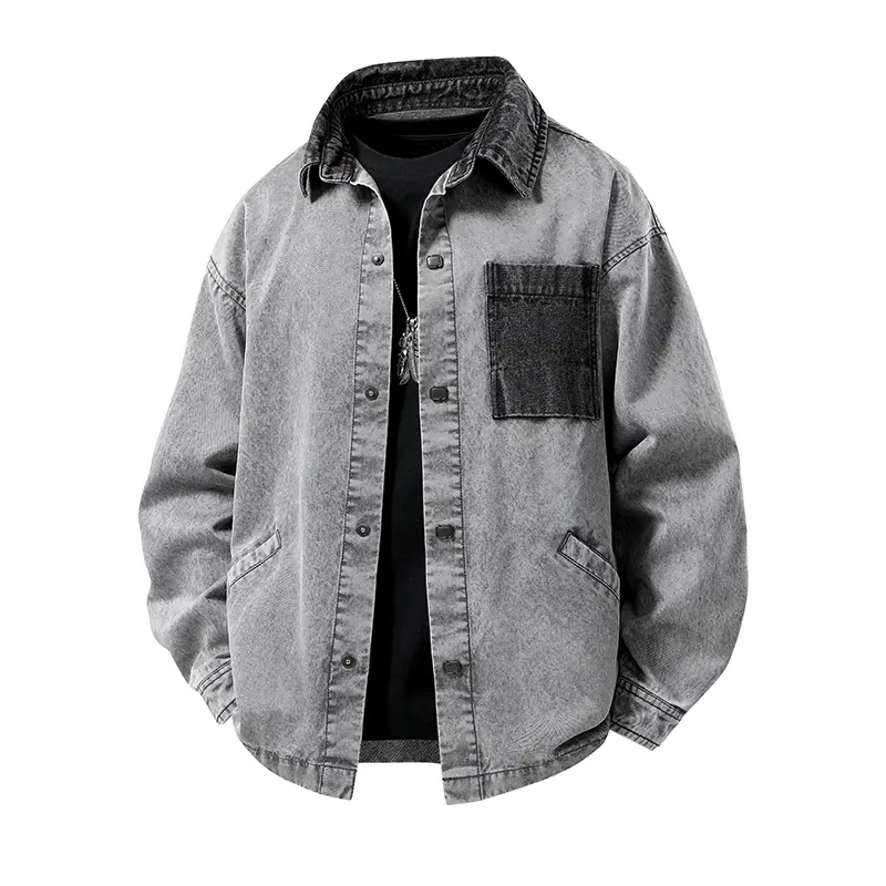Men's Vintage Distressed Denim Jacket, Long Sleeve Casual Workwear Coat with Contrast Pockets, Menswear, Coats, Tops, Snap Buttons