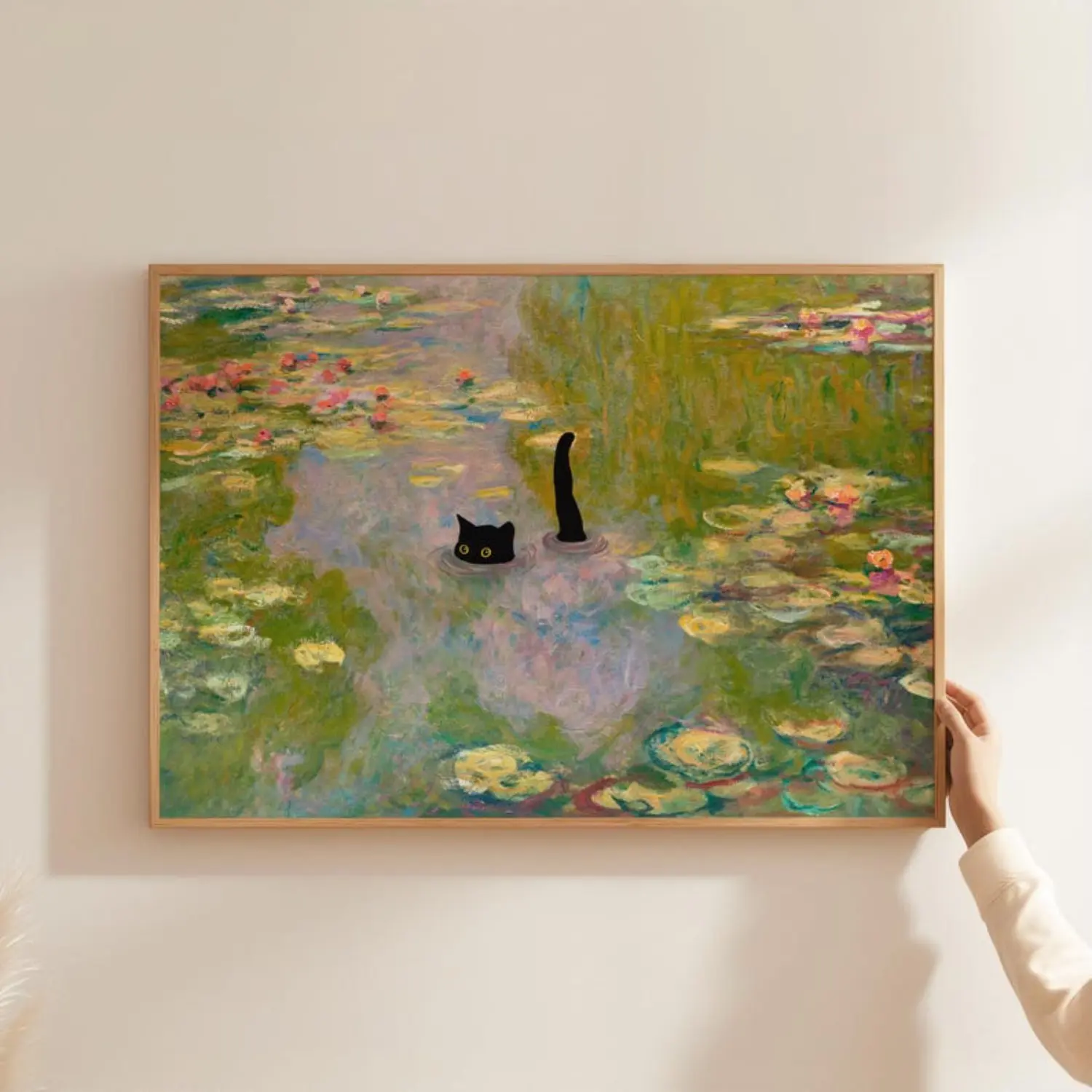 Unframed Monet-Style Water Lily Cat Print Canvas Poster - Wood Accent Room Decor, Fun Home Wall Art Gift